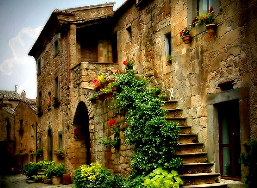 Old Town, plants, foilage, brick, steps, italy, villa, stairs, stone, greenery HD wallpaper