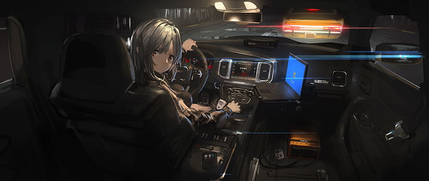Anime Girl, Hacker, In A Car, Silver Hair, Night HD wallpaper