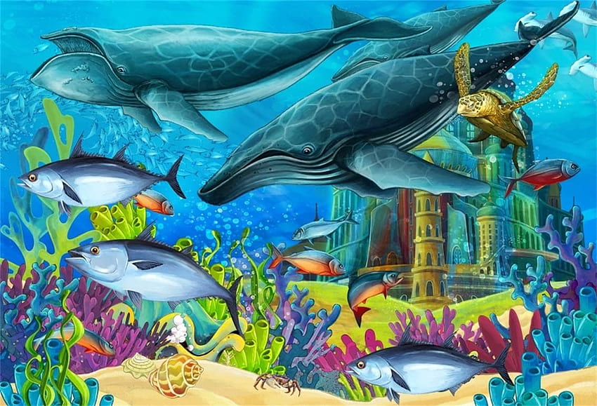 CS ft Background for Underwater Castle graphy Backdrop Blue Water Whale Fish Coral Sea Turtle Cartoon Crab Architecture Ocean Seashells Children Studio Props Polyester: Camera & papel de parede HD