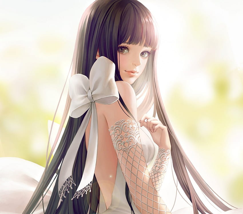 Novia, lindo, cabello largo, vestido, belleza, dulce, blanco, arte, cinta, niña, guantes, hermoso, corbata, chica anime, boda, anime, encantador fondo de pantalla