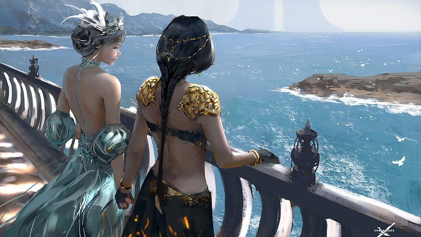 Women Standing At Balcony Looking Sea Digital Art Fantasy Girls , Artist , Artwork , , Digital Art , Fantasy Girls HD wallpaper