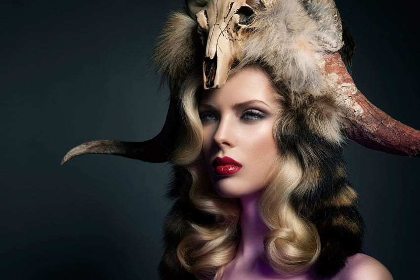 Wild beauty, red lips, black, model, horns, skull, girl, woman, fur, purple, face, hat HD wallpaper