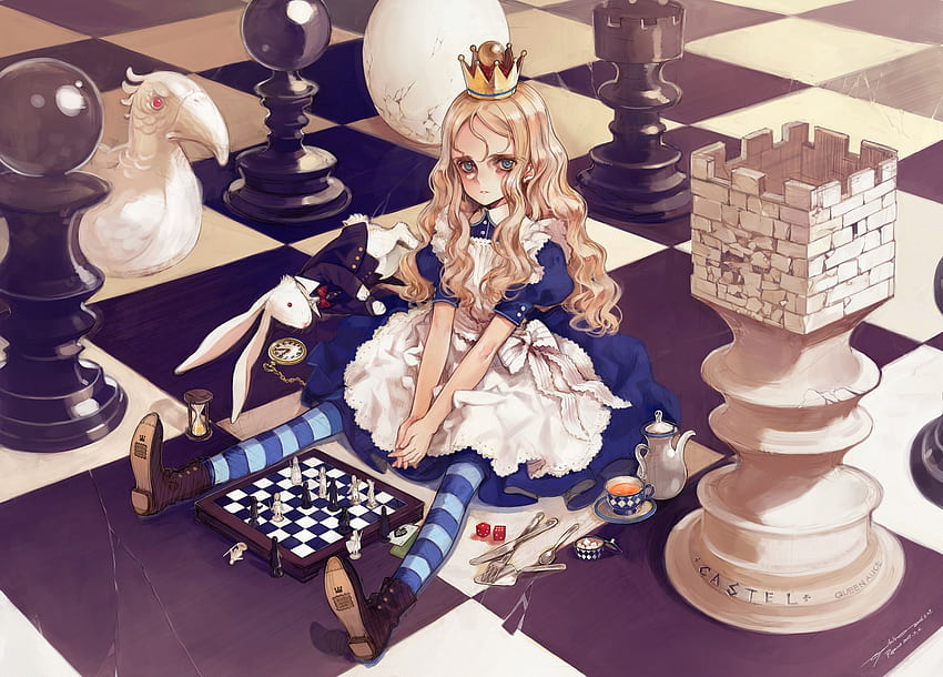 Anime Anime Girls Karya Seni Alice In Wonderland Chess Blonde Blue Eyes Dress - Resolusi: Wallpaper HD