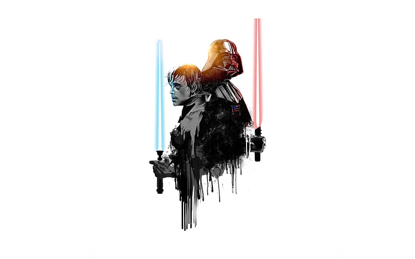 / Star Wars, artwork, simple background, white background, Luke Skywalker, Darth Vader, lightsaber, White Lightsaber HD wallpaper