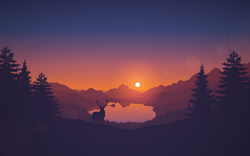 平らな風景, 湖, 日没, 鹿, 抽象的な鹿 高画質の壁紙