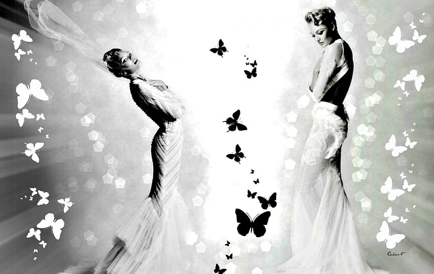 Candice Swanepoel, white, by cehenot, black, model, girl, dress, woman, butterfly, light HD wallpaper