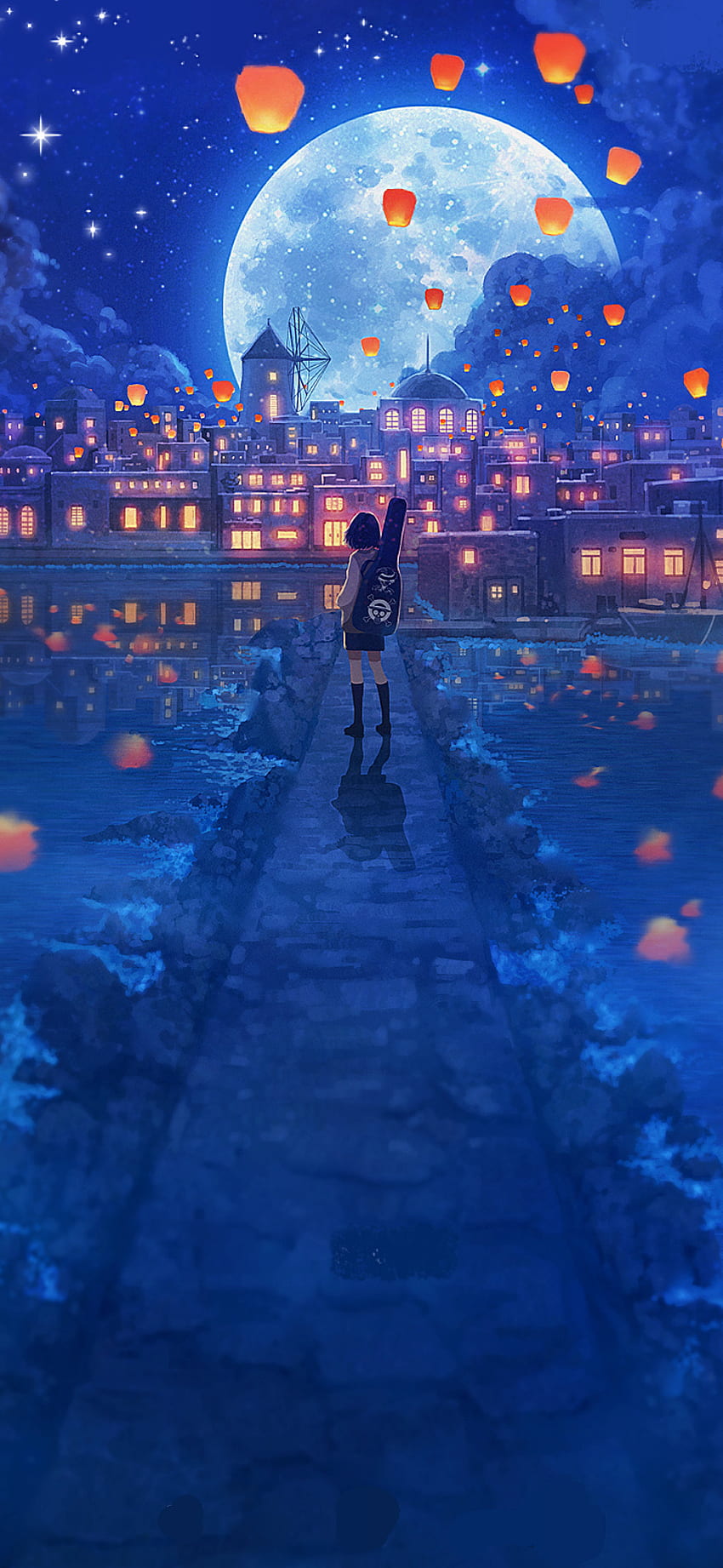 Anime-Mädchen, Atmosphäre, Himmel, Vollmond, Musik HD-Handy-Hintergrundbild