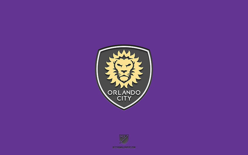 オーランドシティSC、紫色の背景、アメリカのサッカーチーム、オーランドシティSCのエンブレム、MLS、オーランドシティ、アメリカ、サッカー、オーランドシティSCのロゴ 高画質の壁紙