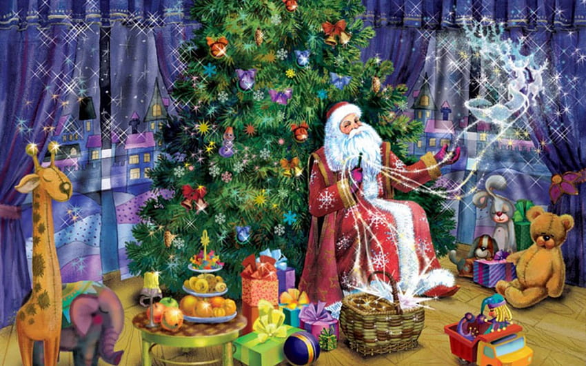Santa Claus, toy, art, fir, tree, purple, pink, box, green, yellow, christmas, red, gify HD wallpaper