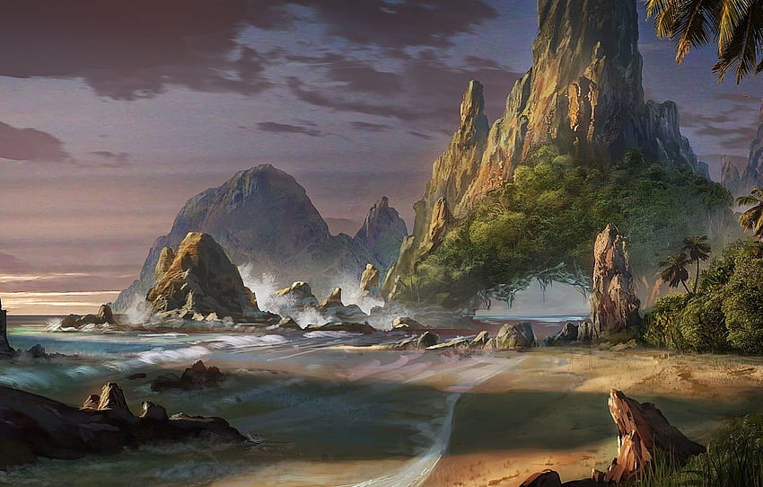 sea, beach, landscape, rocks, art, fantasy world, Waqas Mallick for , section живопись, Beach Paintings HD wallpaper