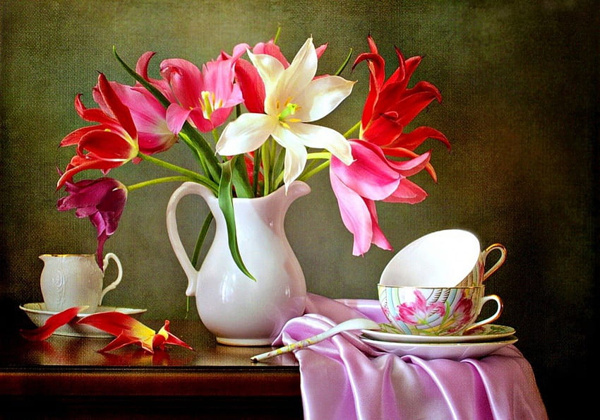 Still life, colorful, tea time, tea, vase, beautiful, cup, spring, nice, delicate, pretty, petals, freshness, coffee, flowers, lovely HD wallpaper