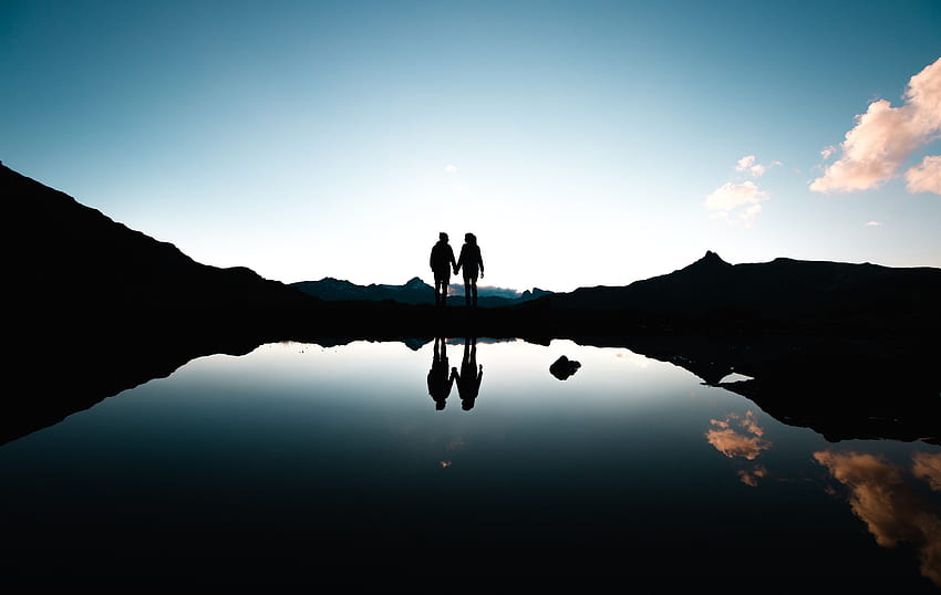 Sunset, Reflection, Dark, Couple, Pair, Silhouettes HD wallpaper