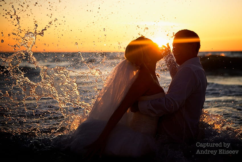 Wedding Day, man, couple, water, sun, woman, happyness HD wallpaper