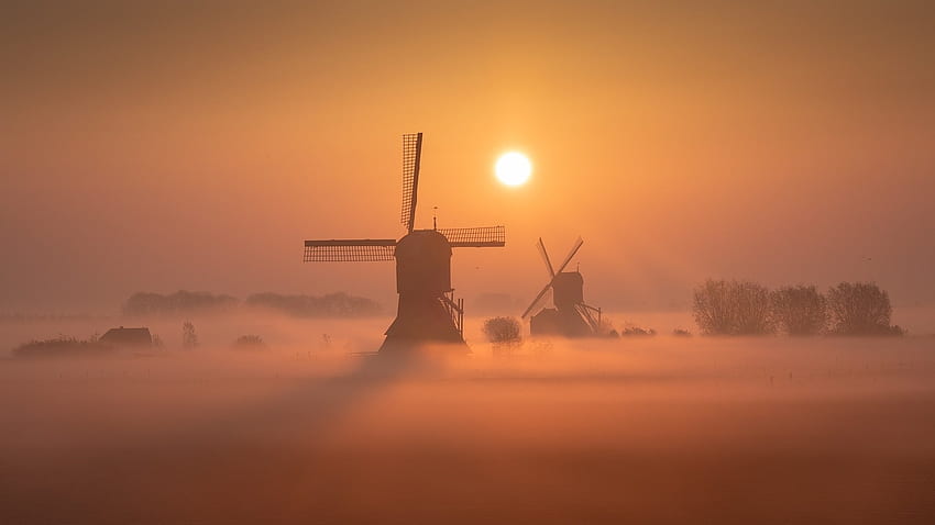 Windmill, mist, fog, sunset HD wallpaper
