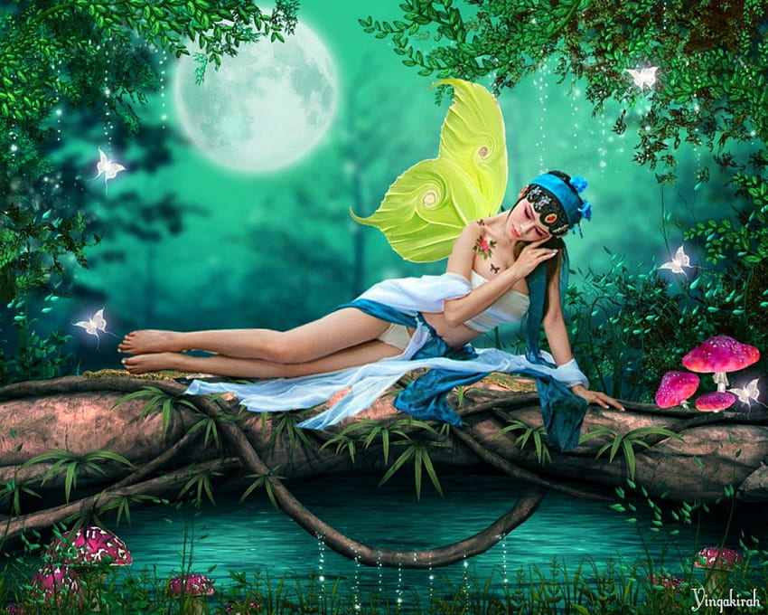Enchanted Beauty, moon, fantasy, art, magical, forest, woman HD wallpaper