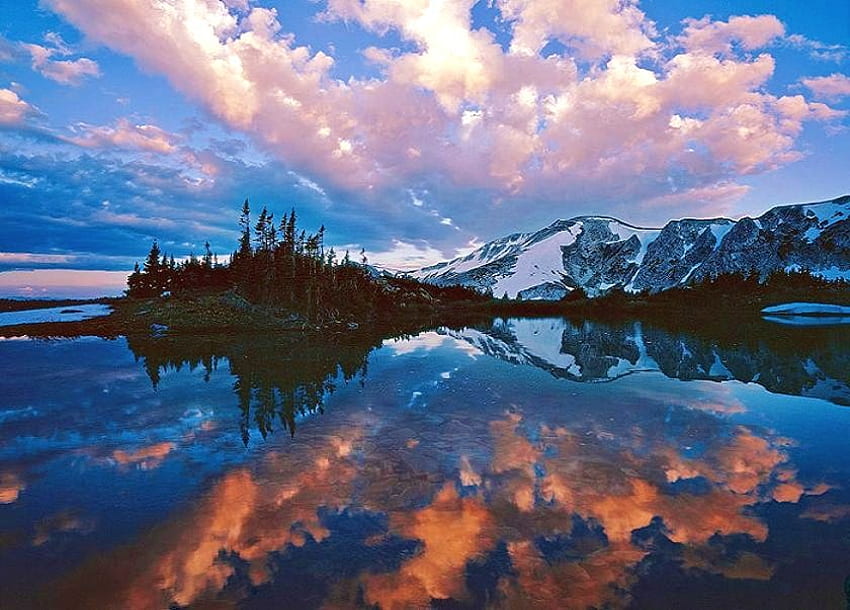 September mountain, snowy peaks, white, mountain, dawn, pink, reflection, clouds, trees, sky, water, ocean HD wallpaper