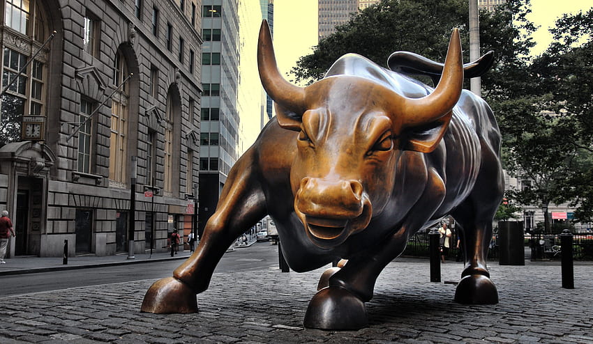 бетонна статуя на кафяв бик под висока сграда на фона Charging Bull Ню Йорк Сити HD тапет