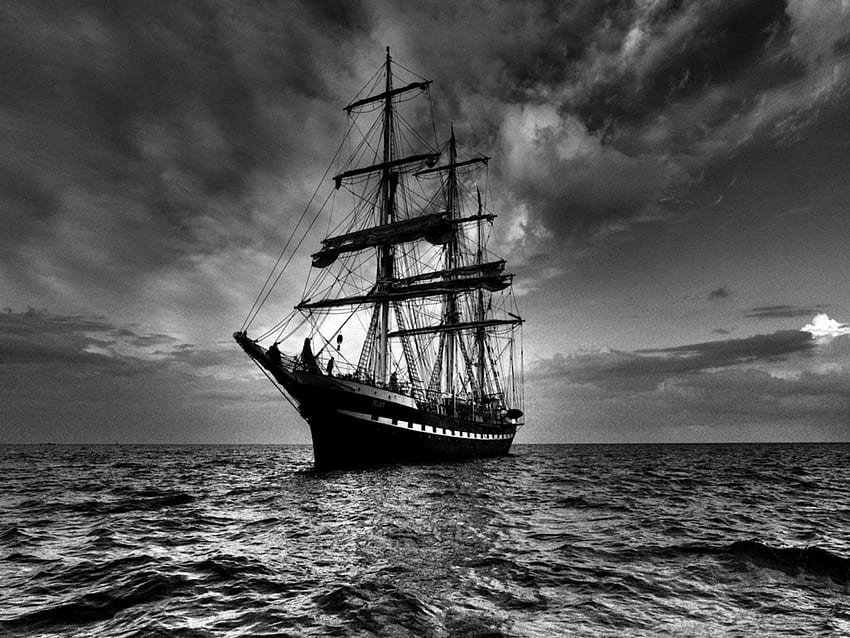Veliero, mare, barca, bianco, nero, nave, graphy, vela, acqua Sfondo HD