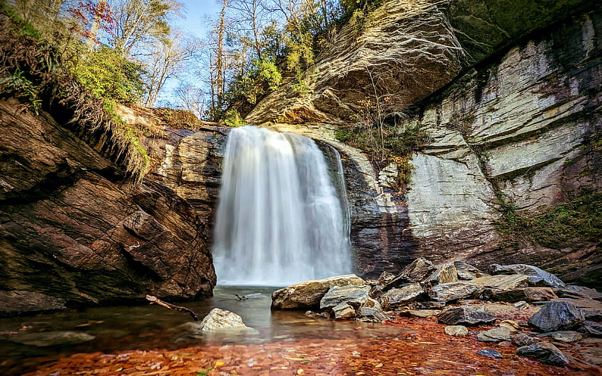 Looking Glass Falls, North Carolina, trees, cascade, rocks, usa, autumn HD wallpaper