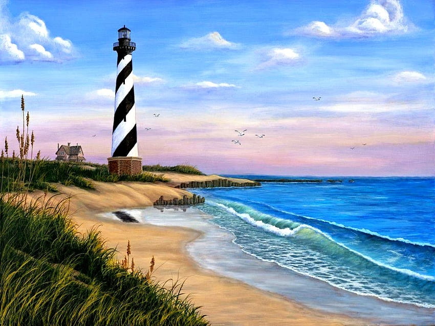 Ocean Lighthouse, lighthouse, waves, hatteras, cape, sky, beach HD wallpaper