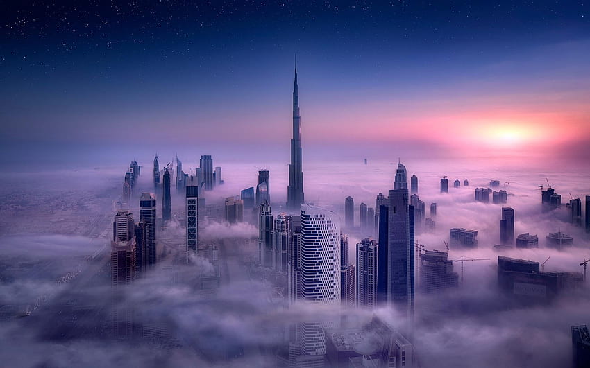 Cityscape , Burj Khalifa, Dubai, City, Sunrise, Mist, Skyscraper, Building, Long Exposure, Tower, Clouds, Sky • For You For & Mobile HD wallpaper