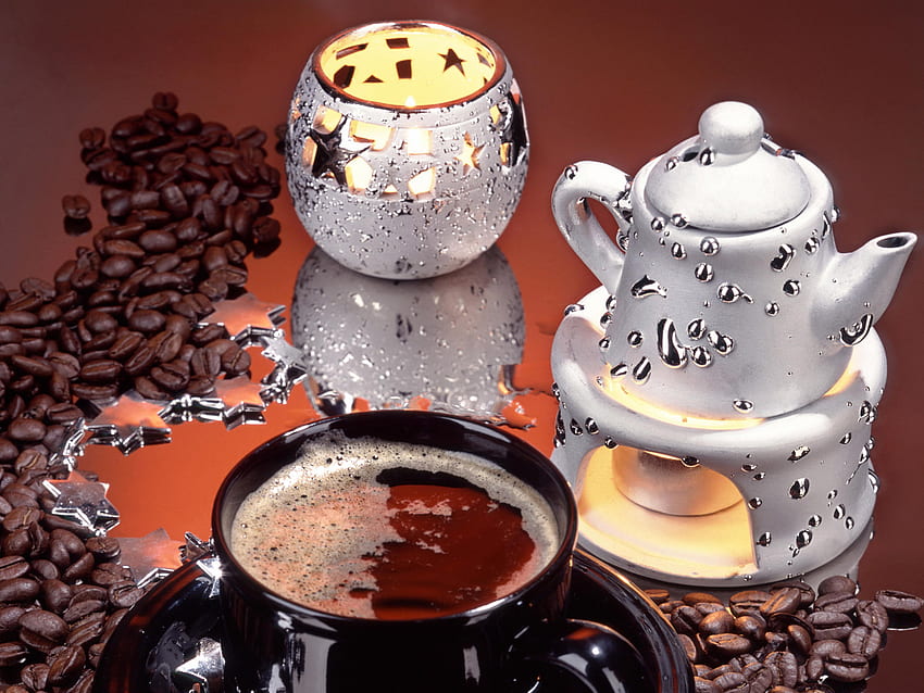 Новогодишно кафе за Андония, сребро, горяща свещ, декорация, кафе, красиво, тенджера, чаша за кафе HD тапет