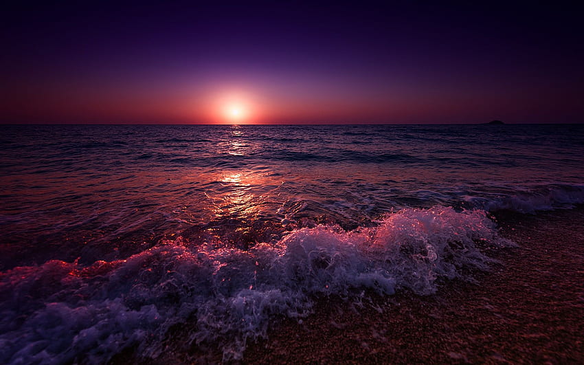 Grecia, mar, playa, olas, puesta de sol, estilo púrpura fondo de pantalla