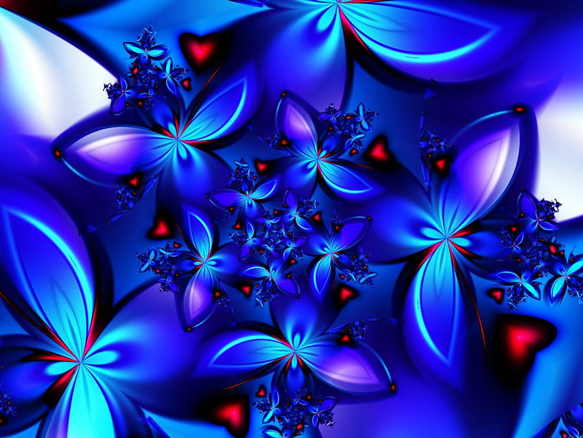Blauer Dunst, abstrakt, schön, rote Herzen, blaue Blumen HD-Hintergrundbild