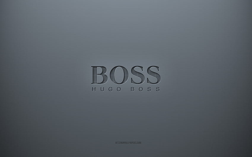 Лого на Hugo Boss, сив творчески фон, емблема на Hugo Boss, текстура на сива хартия, Hugo Boss, сив фон, лого на Hugo Boss 3d HD тапет