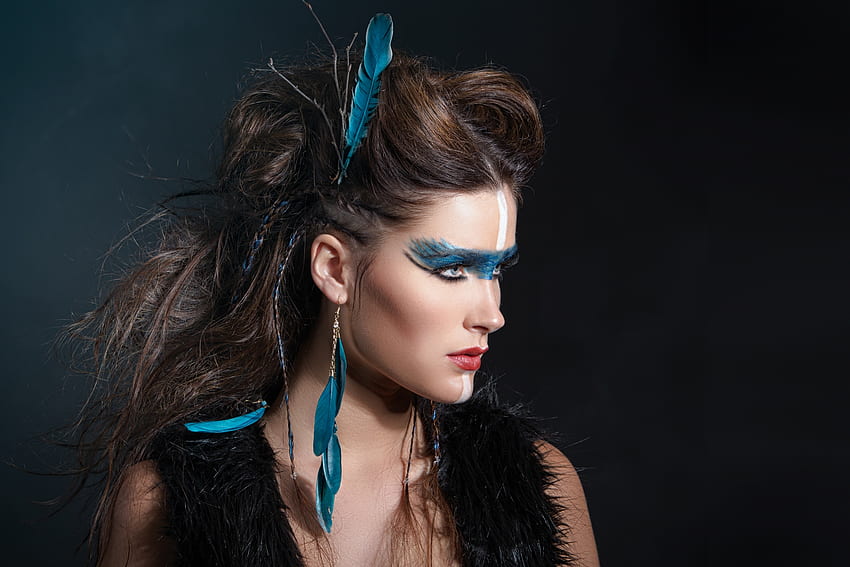 Beauty, blue, black, feather, model, girl, woman HD wallpaper