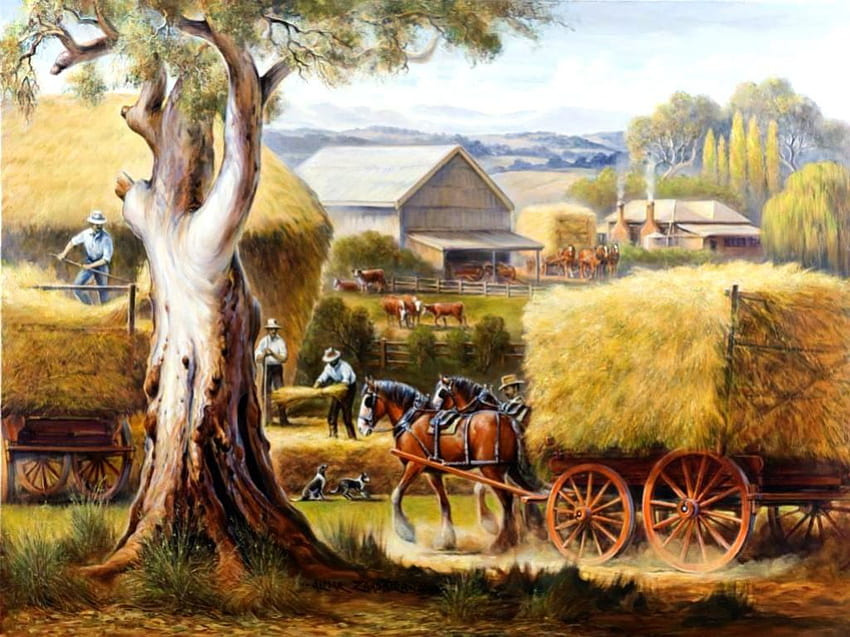 Musim Panen, karya seni, Kuda, lukisan, rumah, ladang, gerobak, pohon, pedesaan Wallpaper HD