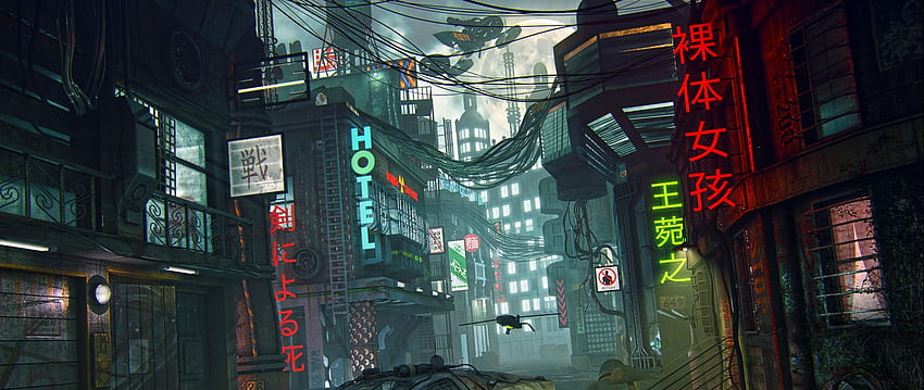 futurystyczny, cyberpunk, przyszły świat, podwójny szeroki wyświetlacz, podwójny monitor Cyberpunk Tapeta HD