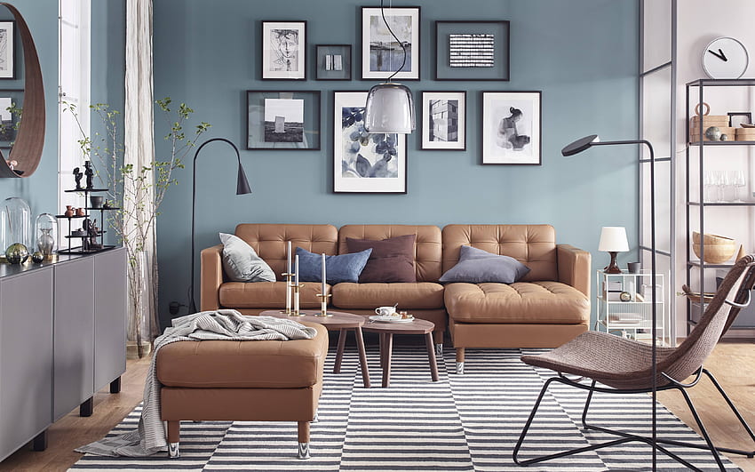 хол, стилен интериорен дизайн, кафяв кожен диван, модерен интериор, сиви стени, идея за хол HD тапет