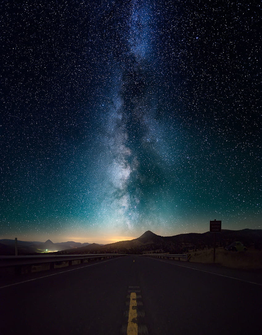 Starry sky, night, road, milky way HD phone wallpaper