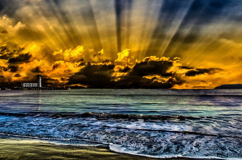 Magnifique coucher de soleil, mer, paysages marins, rayons de soleil, nuages, hq, coucher de soleil Fond d'écran HD