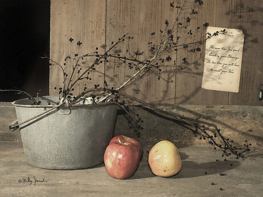 Simple, doorway, table, apples, note, vines, fruit, pail HD wallpaper