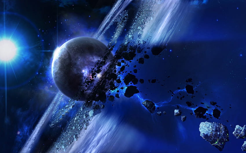 Pierścienie Karabine, planety, asteroidy, przestrzeń, renderowanie 3D, CG Tapeta HD