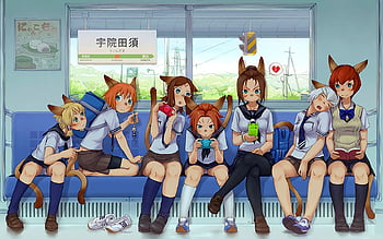 Nekos at the train, cat ears, neko, anime, train, female HD wallpaper