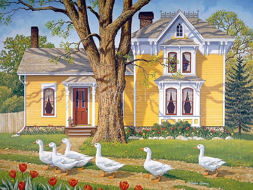 Easter Parade, geese, tree, house, paintings, flowers, tulips, spring HD wallpaper