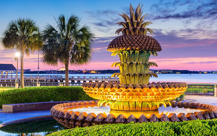 Pineapple Fountain Charleston, charleston, pineapple, lights, fountain HD wallpaper