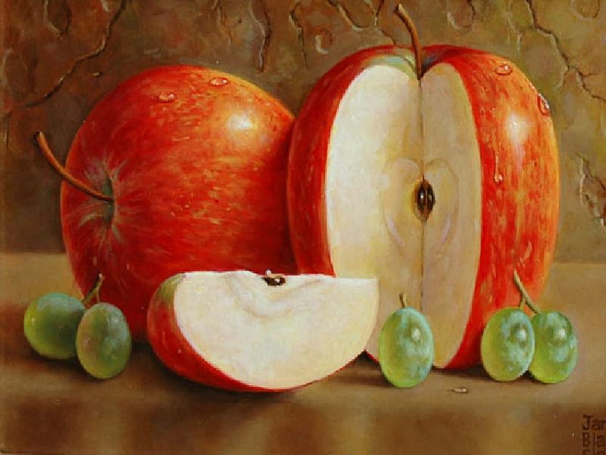 Apel & Anggur Merah, benda mati, meja, apel, lukisan, anggur, buah-buahan Wallpaper HD