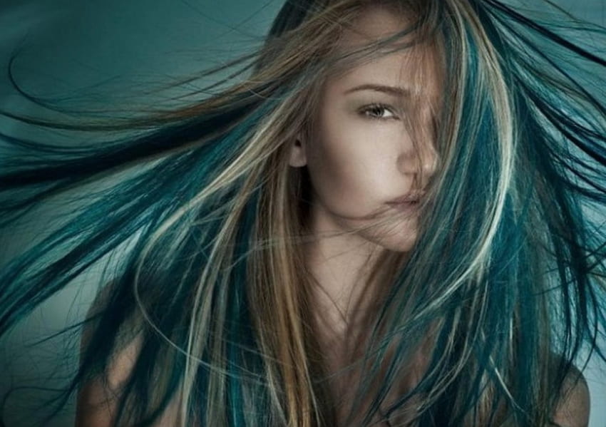 :), biru, glamour, angin, mode, warna, gadis, rambut, kecantikan Wallpaper HD