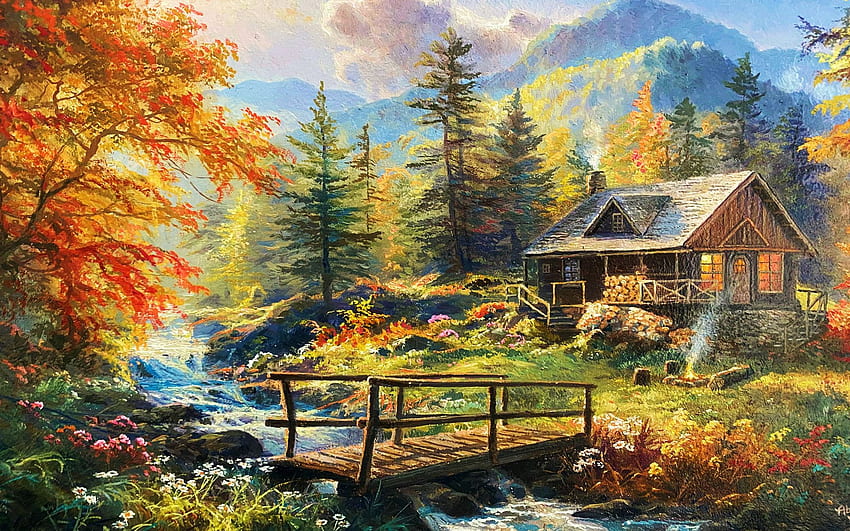 Cabin in the Highlands, creek, painting, autumn, bridge, trees, mountains, stones, artwork, campfire, flowers HD wallpaper