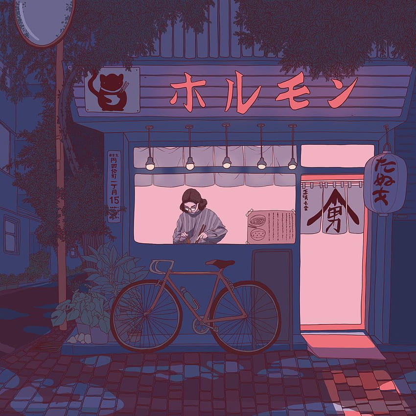 Nocny sklep z ramenem. Sztuka Tokio, Estetyczna Japonia, Sceneria anime Tapeta na telefon HD
