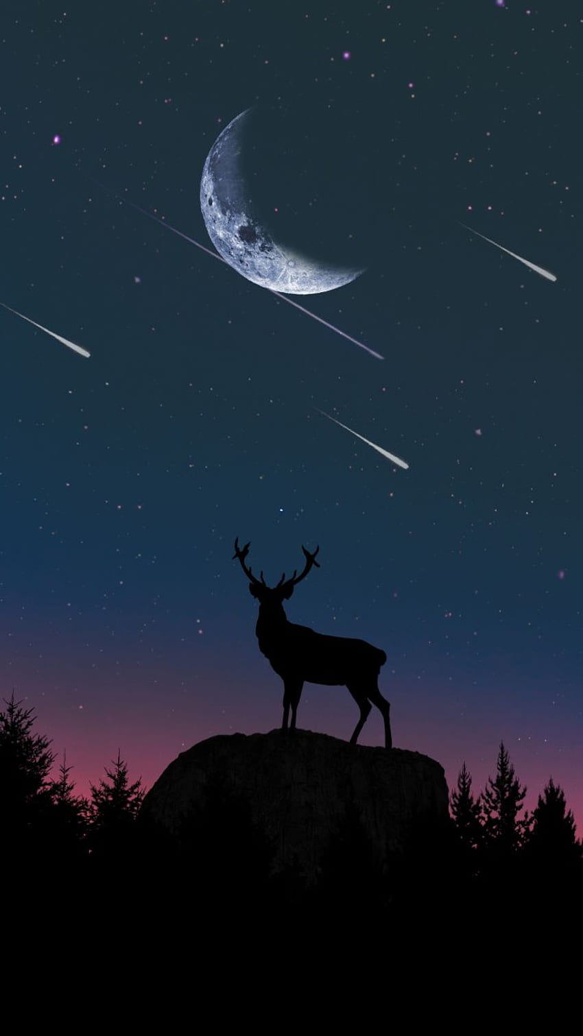 cervo, luna, notte, opere d'arte, Moon Galaxy Sfondo del telefono HD