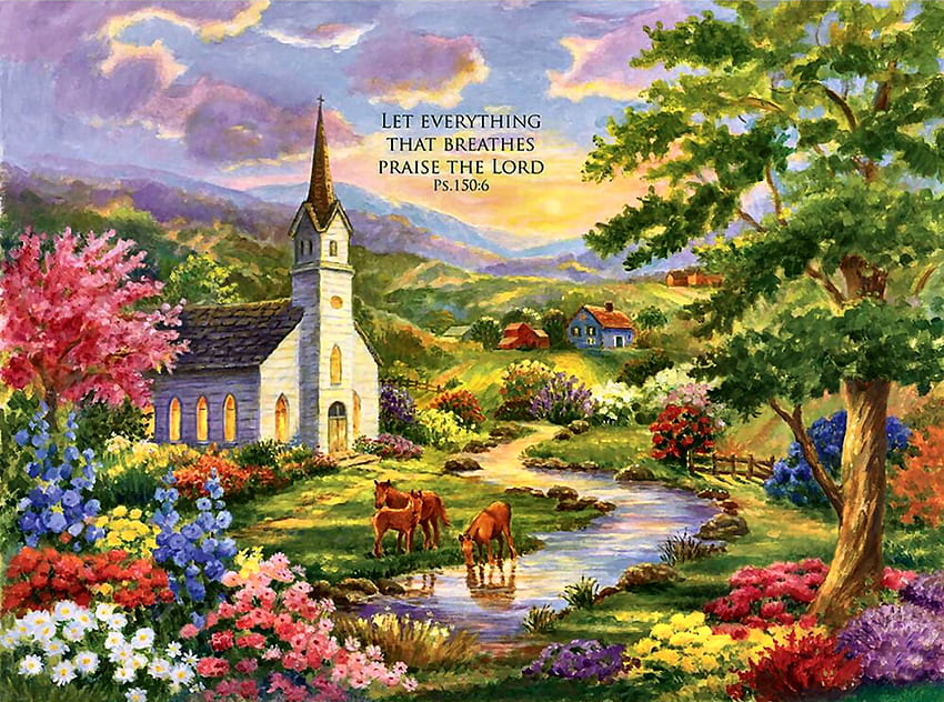 Serenity F, architecture, chapel, art, beautiful, illustration, church, artwork, scenery, wide screen, horses, religious, painting, equine, trees, flowers HD wallpaper