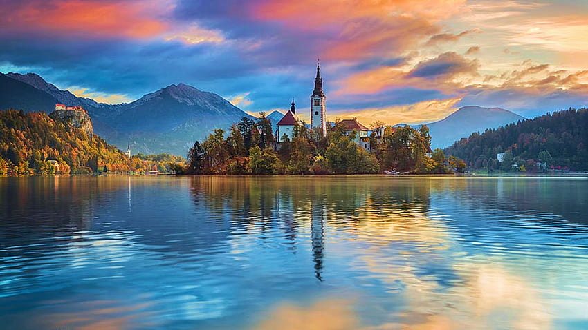 Bleder See, Wolken, Himmel, Berge, Wasser, Reflexionen, Sonnenuntergang, Slowenien HD-Hintergrundbild