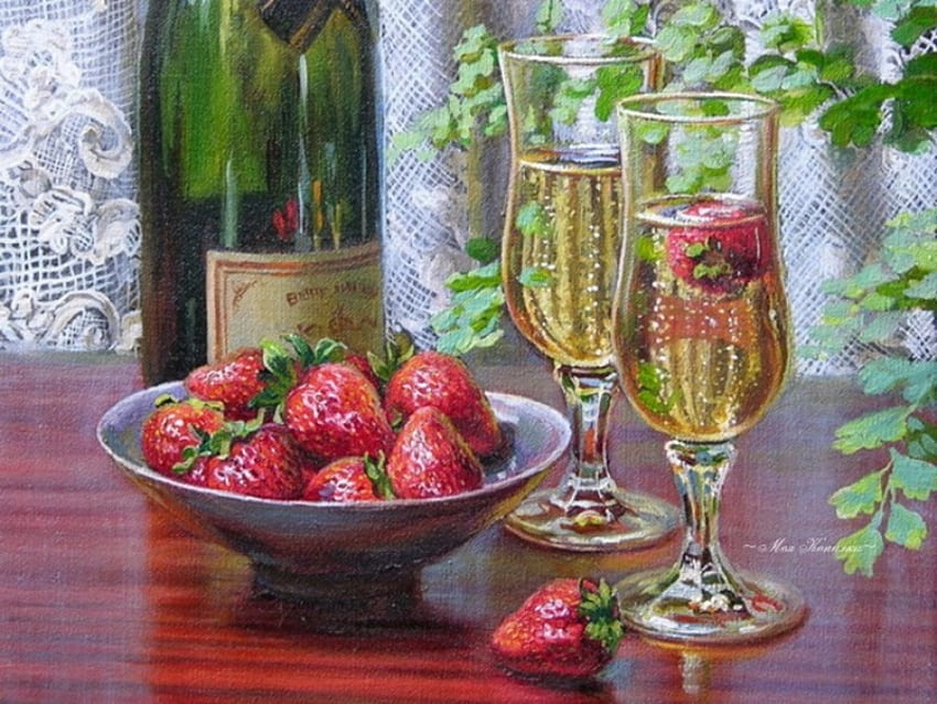 champagne , goblets, curtains, table, champagne, strawberries, vines, bowl, bottle HD wallpaper