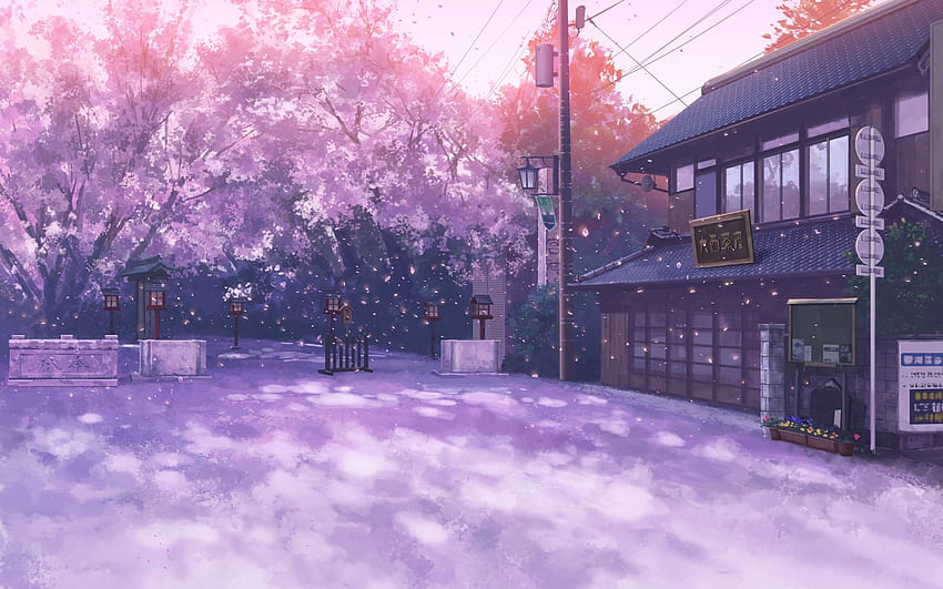 Anime Landschaft, Sakura Blossom, Gebäude, Straße, Blütenblätter für MacBook Pro 13 Zoll, Sakura Flowers Anime HD-Hintergrundbild
