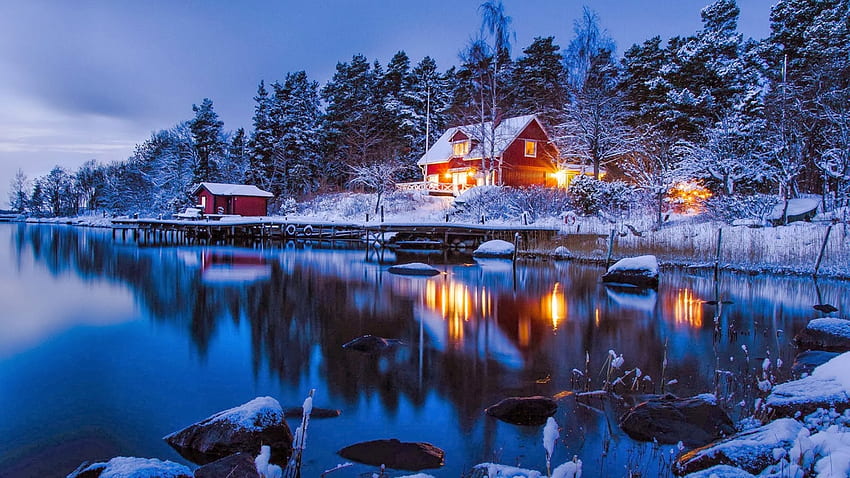레이크사이드 하우스, 겨울, 반사, 눈, 나무, 자연, 주택, 호수 HD 월페이퍼